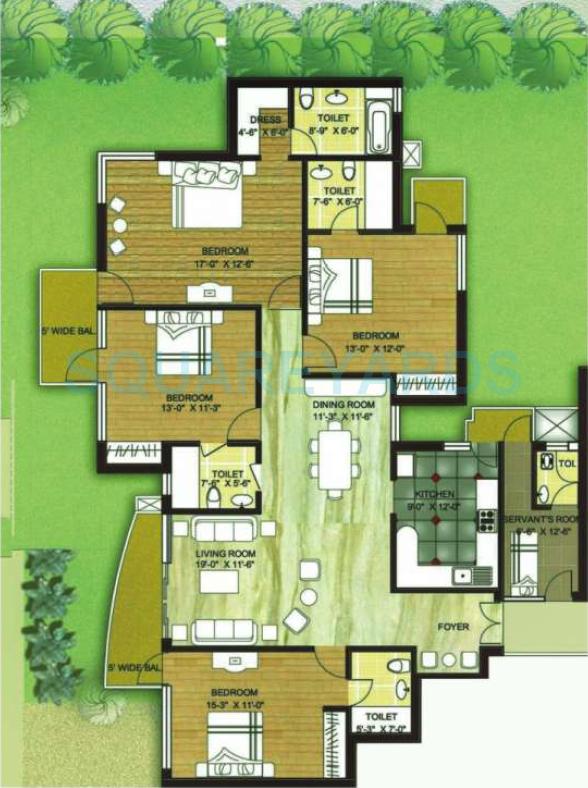 Floor plan of 4 BHK 2750 Sq. Ft. Apartment in Today Canary Greens, Gurgaon