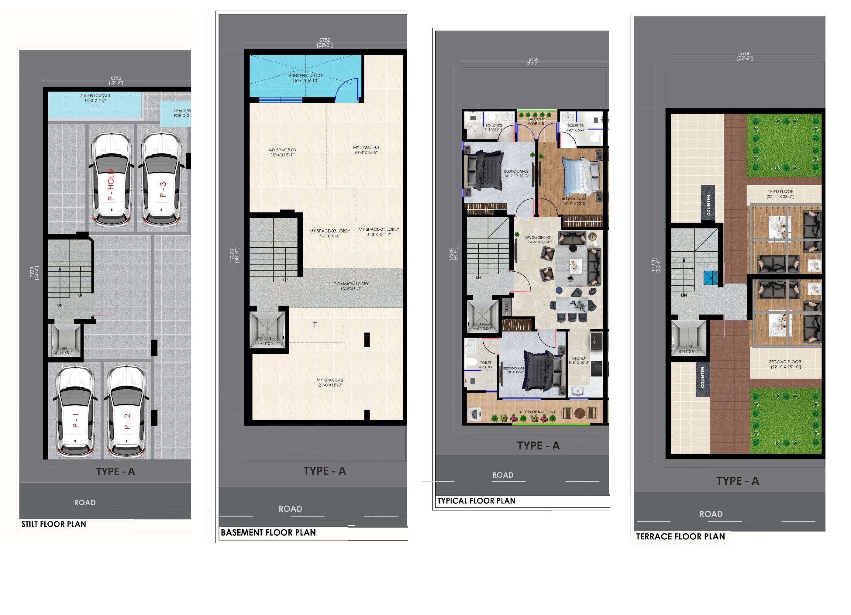 Floor plan of 3 BHK 1350 Sq. Ft. Apartment in Trehan Luxury Floors, Gurgaon