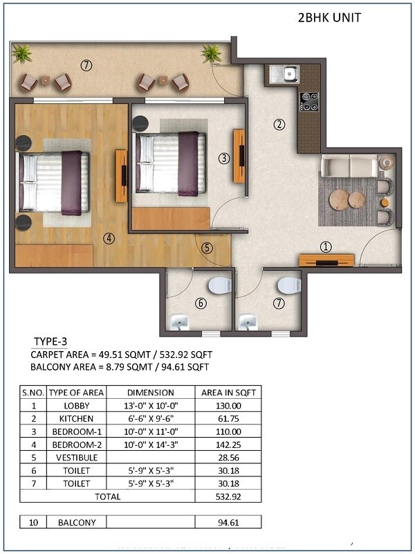 Floor plan of 2 BHK 627 Sq. Ft. Apartment in True Habitat Bodh, Gurgaon