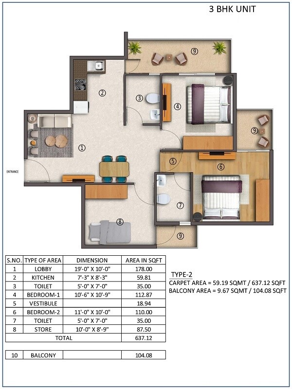 Floor plan of 3 BHK 741 Sq. Ft. Apartment in True Habitat Bodh, Gurgaon