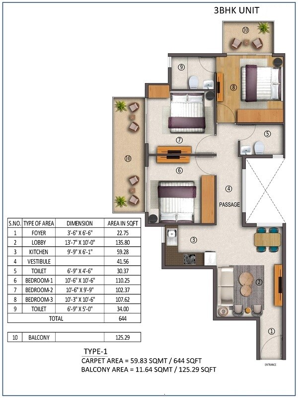 Floor plan of 3 BHK 769 Sq. Ft. Apartment in True Habitat Bodh, Gurgaon