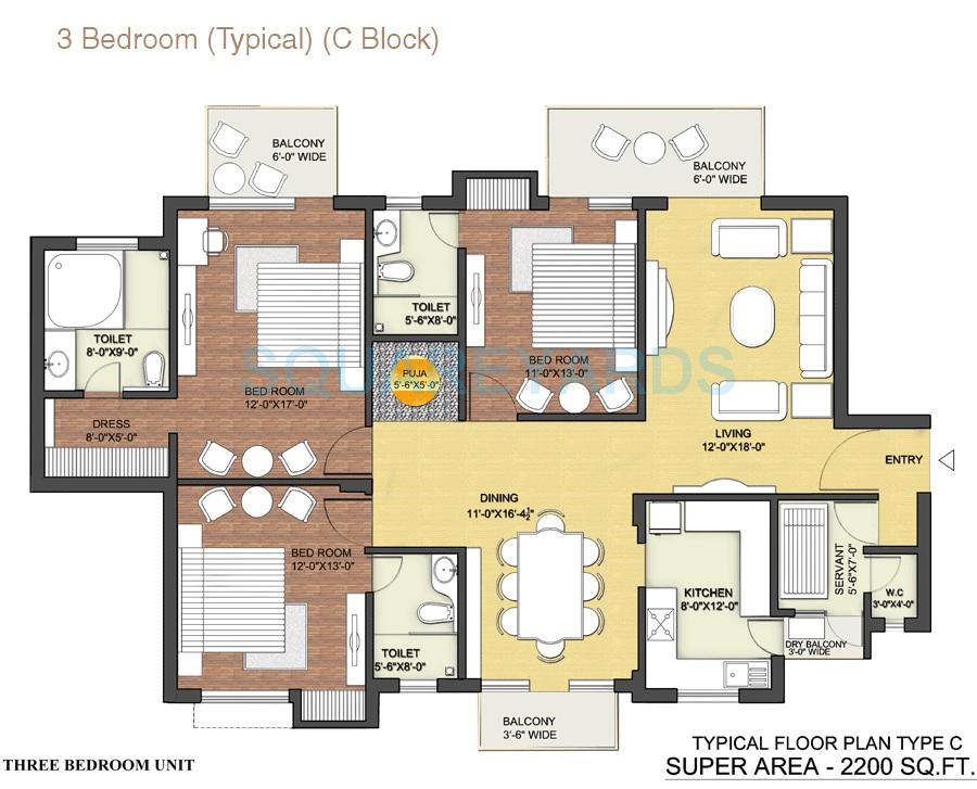 Floor plan of 3 BHK 2200 Sq. Ft. Apartment in Tulip Ace, Gurgaon