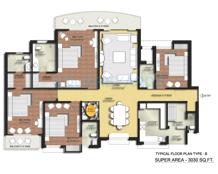 Floor plan of 4 BHK 3030 Sq. Ft. Apartment in Tulip Ace, Gurgaon