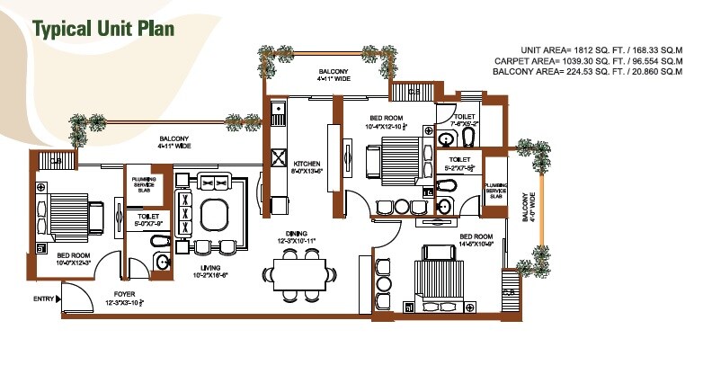 Floor plan of 3 BHK 1812 Sq. Ft. Apartment in Tulip Leaf, Gurgaon