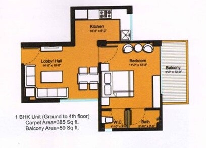 Floor plan of 1 BHK 444 Sq. Ft. Apartment in Tulip Lemon, Gurgaon