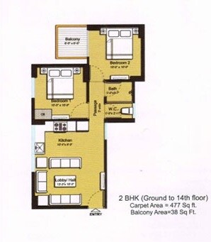Floor plan of 2 BHK 515 Sq. Ft. Apartment in Tulip Lemon, Gurgaon