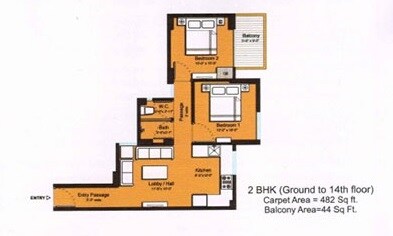 Floor plan of 2 BHK 526 Sq. Ft. Apartment in Tulip Lemon, Gurgaon