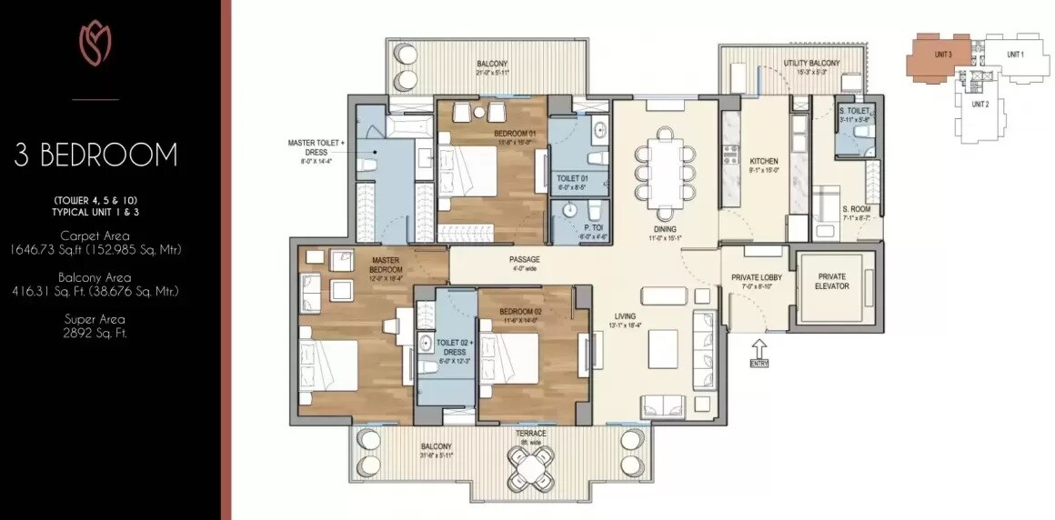 Floor plan of 3 BHK 2892 Sq. Ft. Apartment in Tulip Monsella, Gurgaon