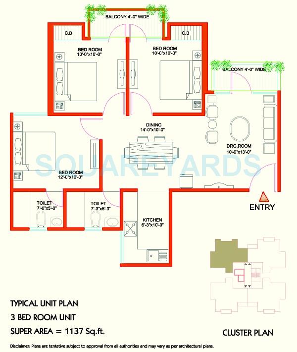 Floor plan of 3 BHK 1137 Sq. Ft. Apartment in Tulip Orange, Gurgaon