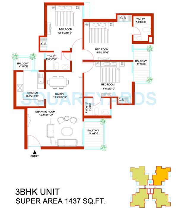 Floor plan of 3 BHK 1437 Sq. Ft. Apartment in Tulip Orange, Gurgaon