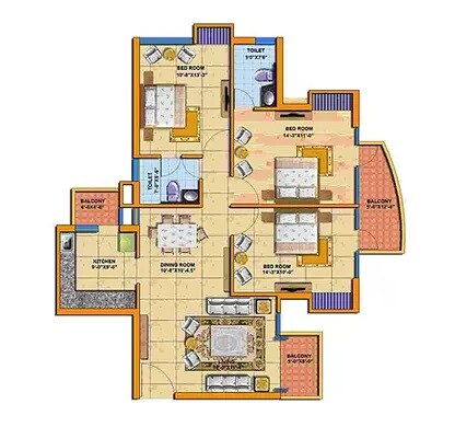 Floor plan of 3 BHK Apartment - 1975 sq. ft. in Tulip Petals, Gurgaon