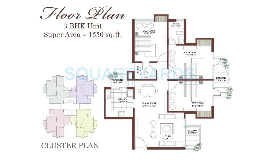 Floor plan of 3 BHK Apartment - 1550 sq. ft. in Tulip Petals, Gurgaon