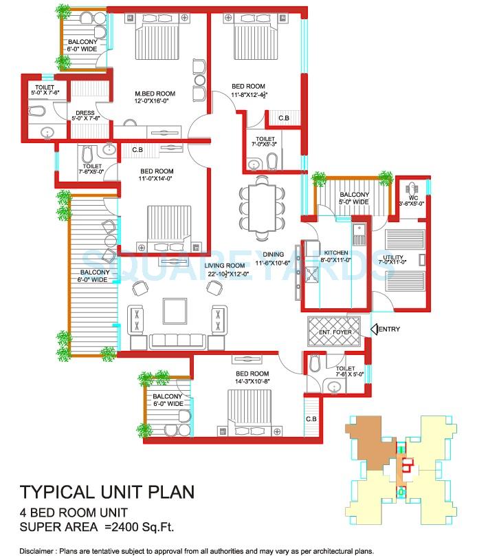 Floor plan of 4 BHK 2400 Sq. Ft. Apartment in Tulip Purple, Gurgaon