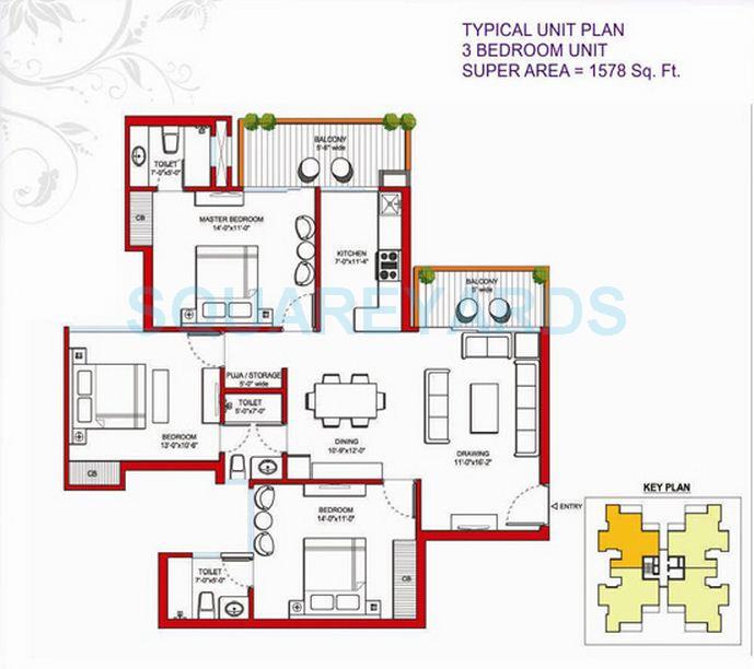 Floor plan of 3 BHK 1578 Sq. Ft. Apartment in Tulip Violet, Gurgaon