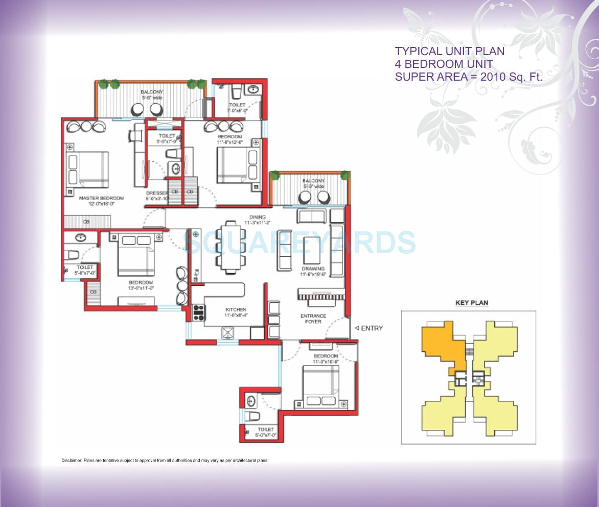 Floor plan of 4 BHK 2010 Sq. Ft. Apartment in Tulip Violet, Gurgaon