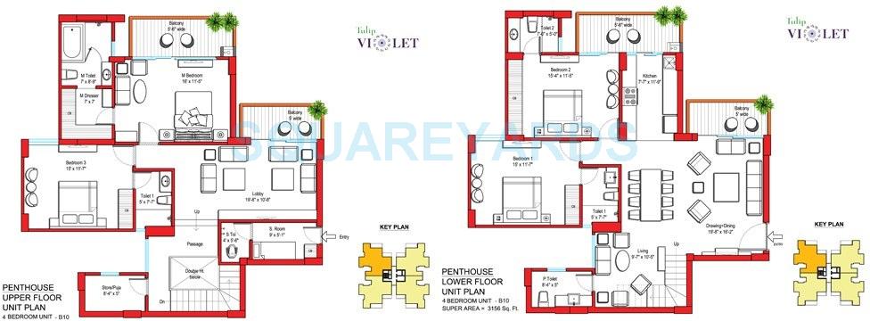 Floor plan of 4 BHK 3156 Sq. Ft. Penthouse in Tulip Violet, Gurgaon