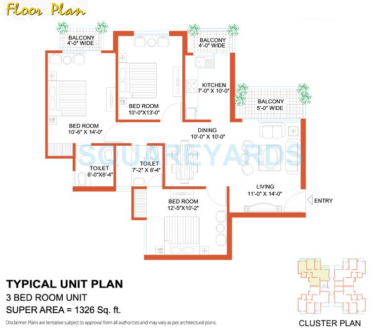 Floor plan of 3 BHK 1326 Sq. Ft. Apartment in Tulip White, Gurgaon