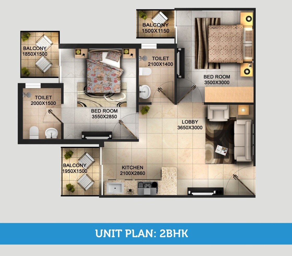 Floor plan of 2 BHK 585 Sq. Ft. Apartment in Tulsiani Easy In Homes, Gurgaon