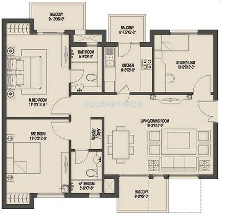 Floor plan of 2 BHK 1377 Sq. Ft. Apartment in Umang Monsoon Breeze Phase I, Gurgaon