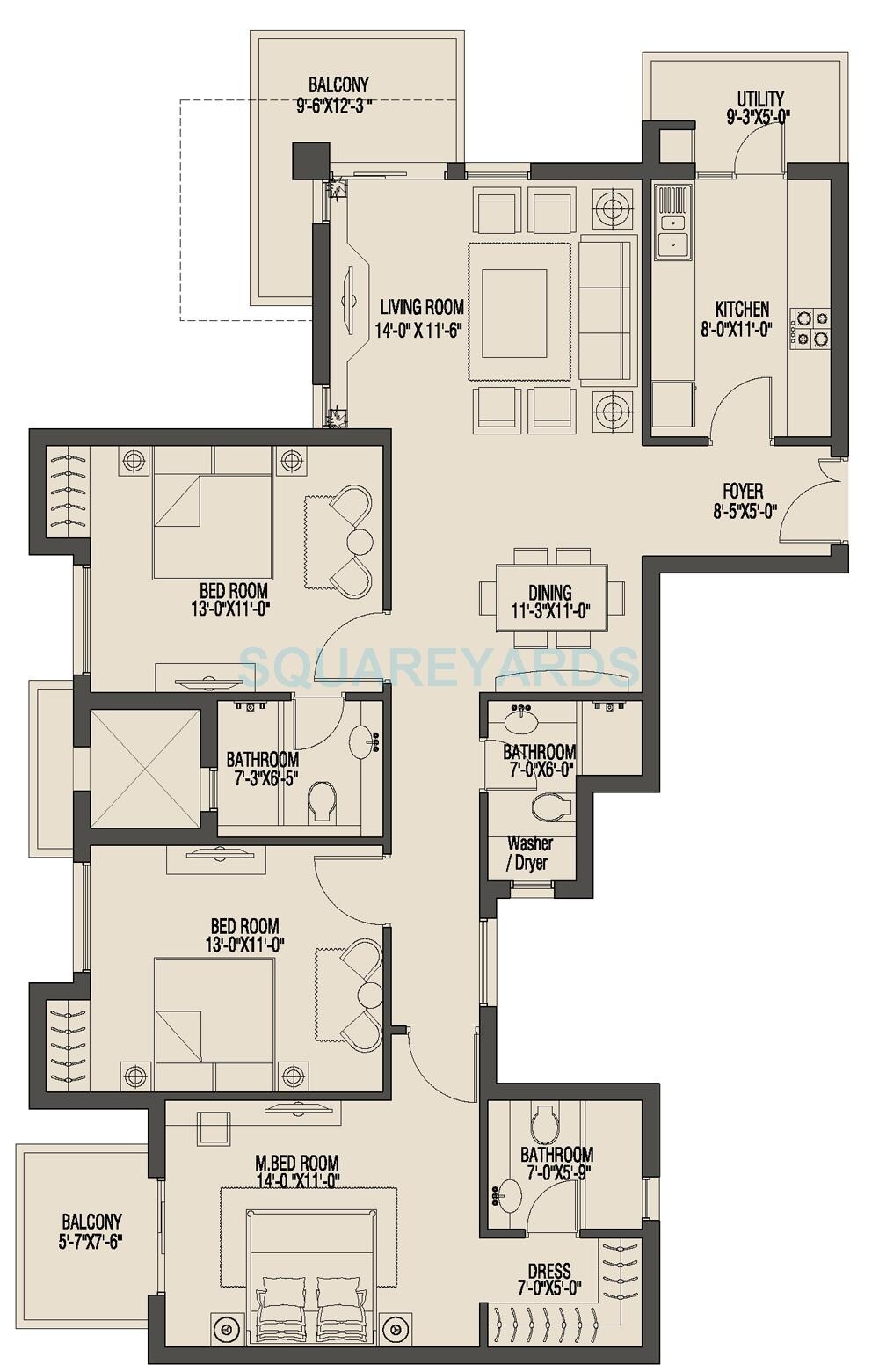 Floor plan of 3 BHK 1726 Sq. Ft. Apartment in Umang Monsoon Breeze Phase I, Gurgaon