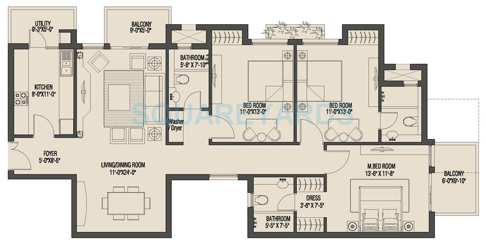 Floor plan of 3 BHK 1730 Sq. Ft. Apartment in Umang Monsoon Breeze Phase I, Gurgaon