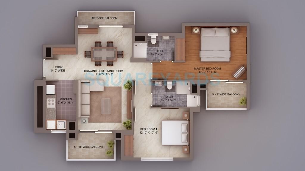 Floor plan of 2 BHK 1250 Sq. Ft. Apartment in Umang Winter Hills, Gurgaon