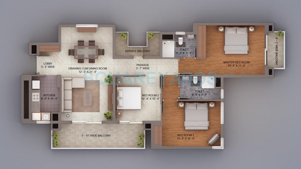 Floor plan of 3 BHK Apartment - 1515 sq. ft. in Umang Winter Hills, Gurgaon