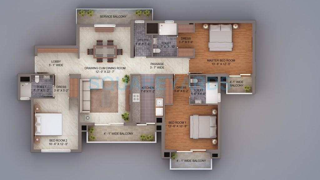 Floor plan of 3 BHK Apartment - 1735 sq. ft. in Umang Winter Hills, Gurgaon