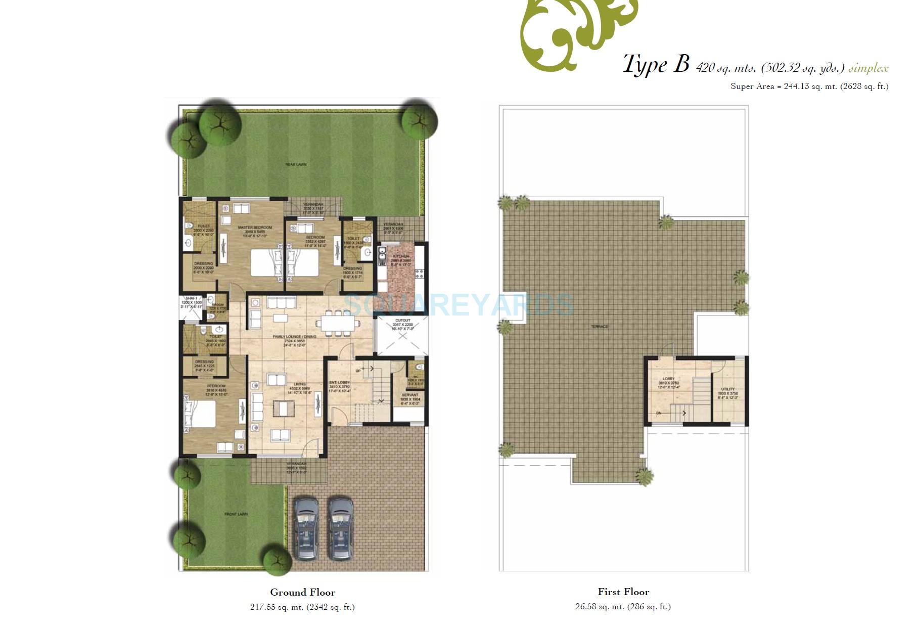 Floor plan of 3 BHK 2628 Sq. Ft. Villa in Unitech Alder Grove, Gurgaon