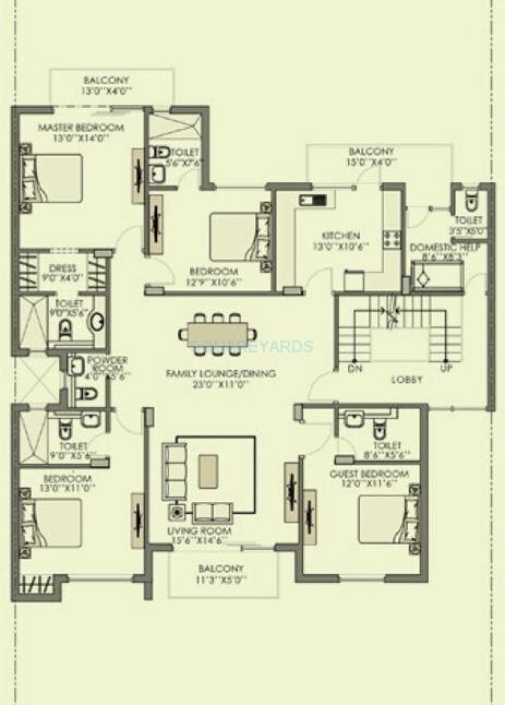 Floor plan of 4 BHK 2259 Sq. Ft. Apartment in Unitech Anthea Floors, Gurgaon