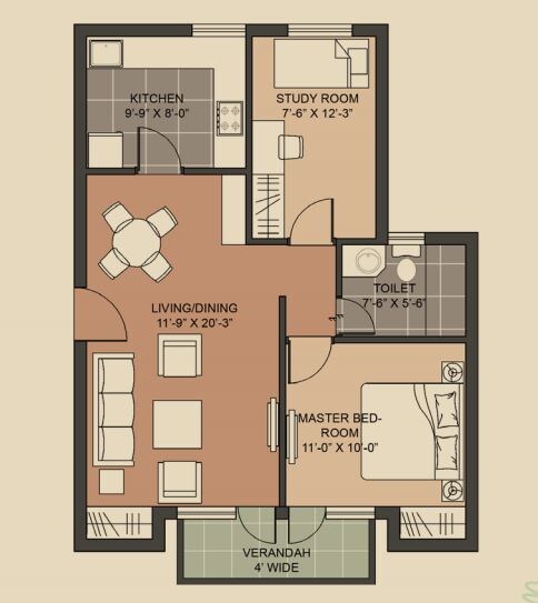 Floor plan of 1 BHK 925 Sq. Ft. Apartment in Unitech Crestview Apartments, Gurgaon