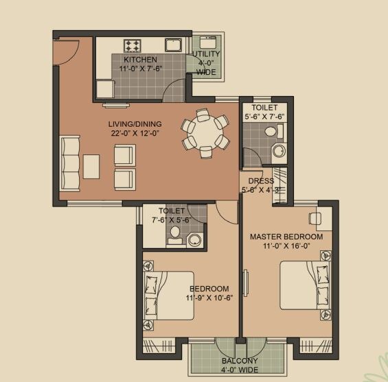 Floor plan of 2 BHK 1216 Sq. Ft. Apartment in Unitech Crestview Apartments, Gurgaon