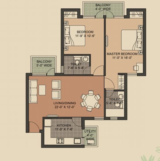 Floor plan of 2 BHK 1242 Sq. Ft. Apartment in Unitech Crestview Apartments, Gurgaon