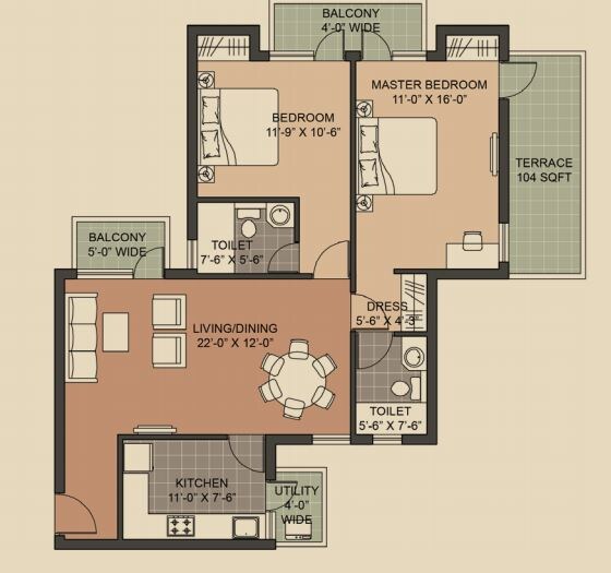 Floor plan of 2 BHK 1254 Sq. Ft. Apartment in Unitech Crestview Apartments, Gurgaon
