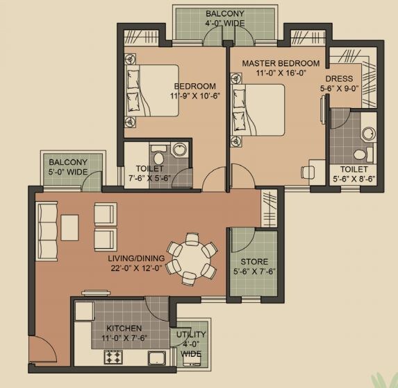 Floor plan of 2 BHK 1357 Sq. Ft. Apartment in Unitech Crestview Apartments, Gurgaon
