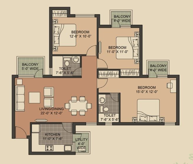 Floor plan of 3 BHK 1390 Sq. Ft. Apartment in Unitech Crestview Apartments, Gurgaon