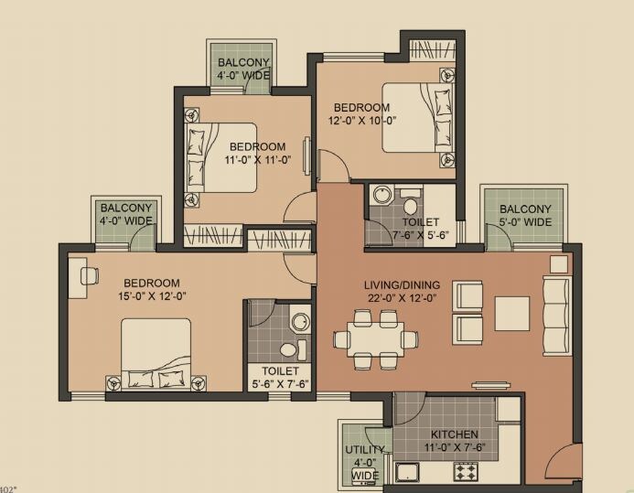 Floor plan of 3 BHK 1402 Sq. Ft. Apartment in Unitech Crestview Apartments, Gurgaon