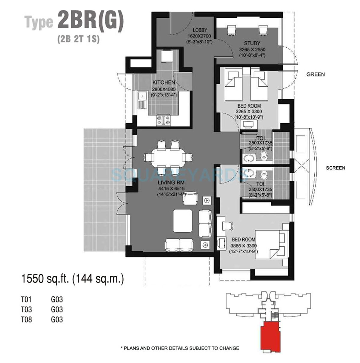 Floor plan of 2 BHK 1550 Sq. Ft. Apartment in Unitech Escape, Gurgaon