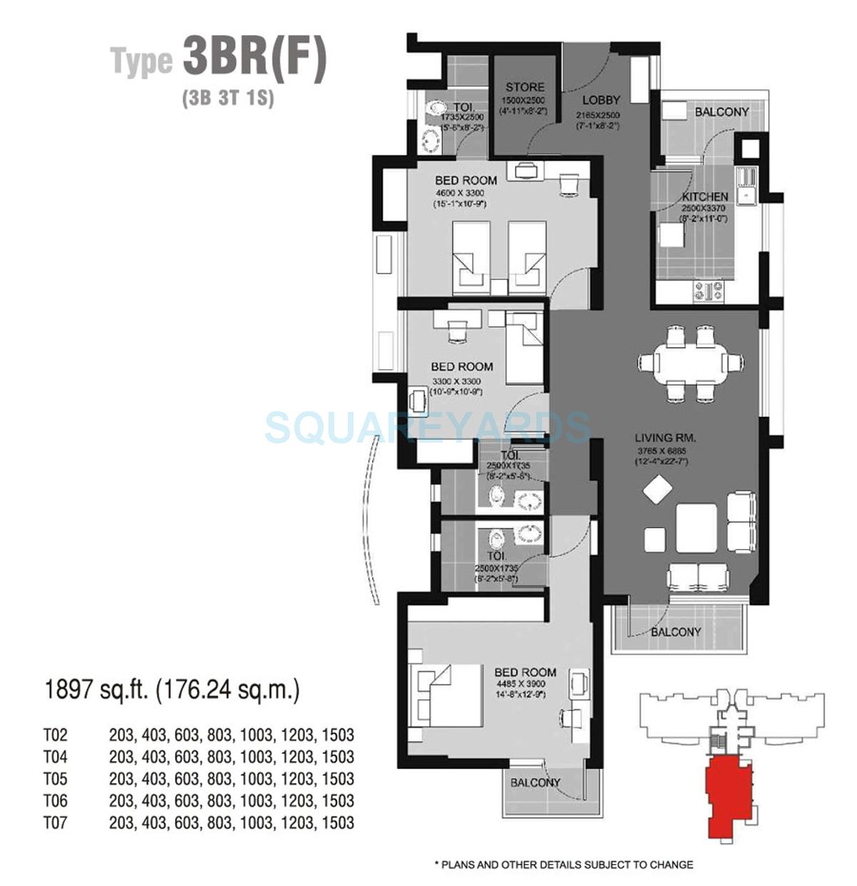 Floor plan of 3 BHK 1897 Sq. Ft. Apartment in Unitech Escape, Gurgaon
