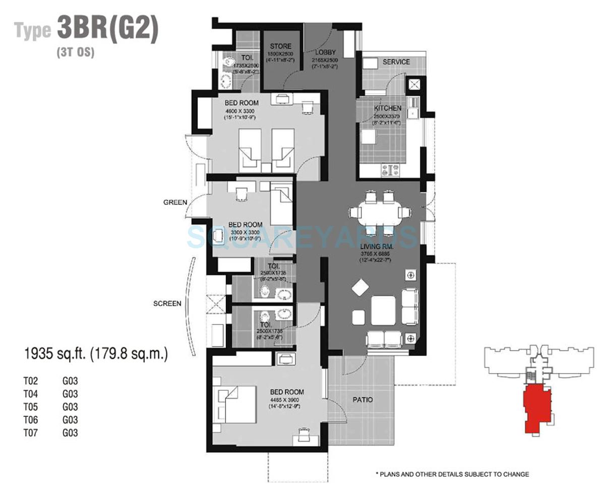 Floor plan of 3 BHK 1935 Sq. Ft. Apartment in Unitech Escape, Gurgaon