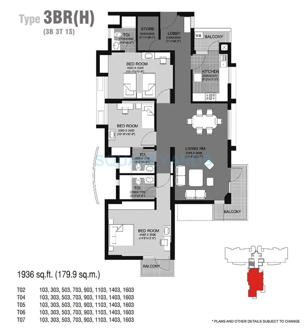 Floor plan of 3 BHK 1936 Sq. Ft. Apartment in Unitech Escape, Gurgaon