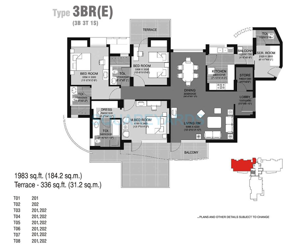 Floor plan of 3 BHK 1983 Sq. Ft. Apartment in Unitech Escape, Gurgaon