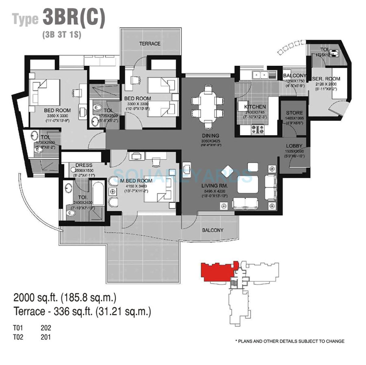 Floor plan of 3 BHK 2000 Sq. Ft. Apartment in Unitech Escape, Gurgaon