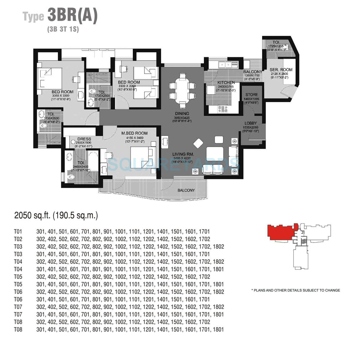 Floor plan of 3 BHK 2050 Sq. Ft. Apartment in Unitech Escape, Gurgaon