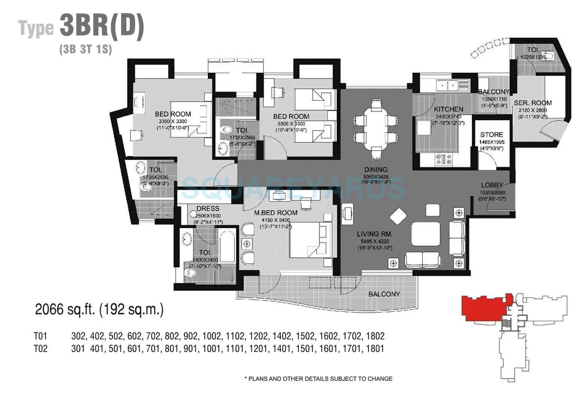 Floor plan of 3 BHK 2066 Sq. Ft. Apartment in Unitech Escape, Gurgaon
