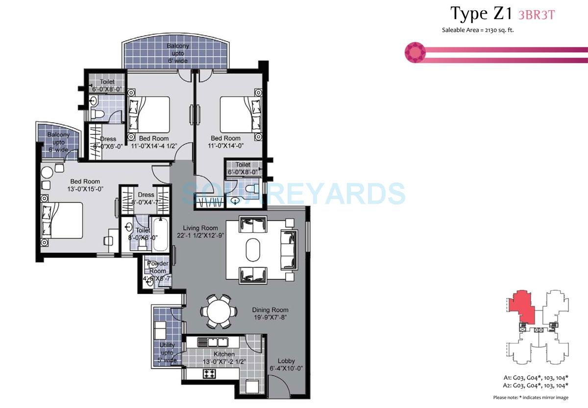Floor plan of 3 BHK 2130 Sq. Ft. Apartment in Unitech Exquisite, Gurgaon