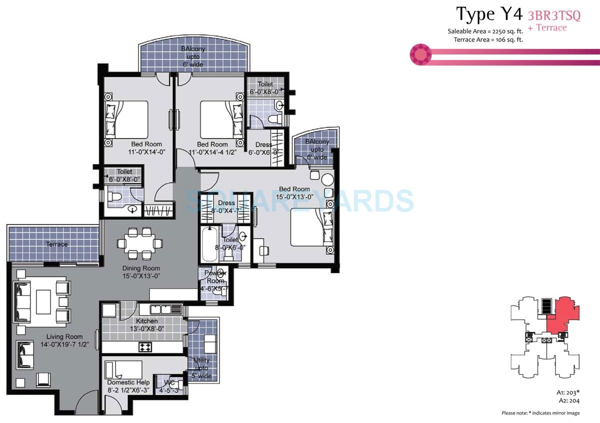 Floor plan of 3 BHK 2250 Sq. Ft. Apartment in Unitech Exquisite, Gurgaon