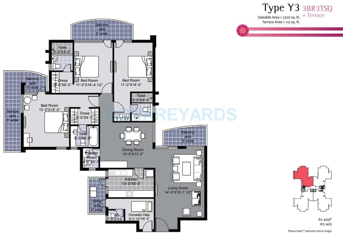 Floor plan of 3 BHK 2320 Sq. Ft. Apartment in Unitech Exquisite, Gurgaon