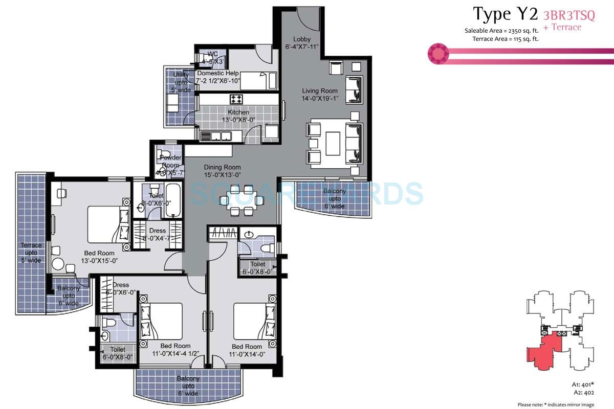 Floor plan of 3 BHK 2350 Sq. Ft. Apartment in Unitech Exquisite, Gurgaon