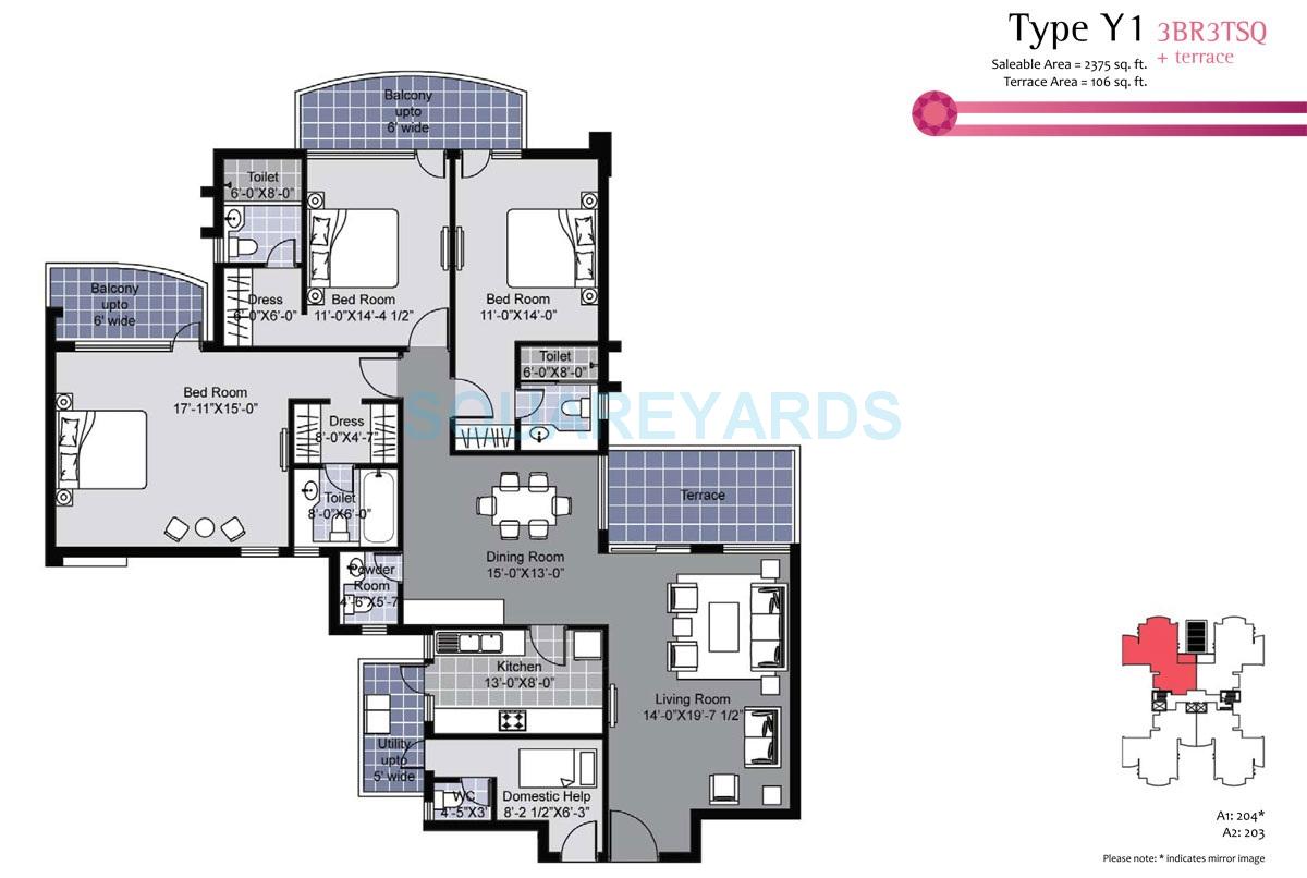 Floor plan of 3 BHK 2375 Sq. Ft. Apartment in Unitech Exquisite, Gurgaon